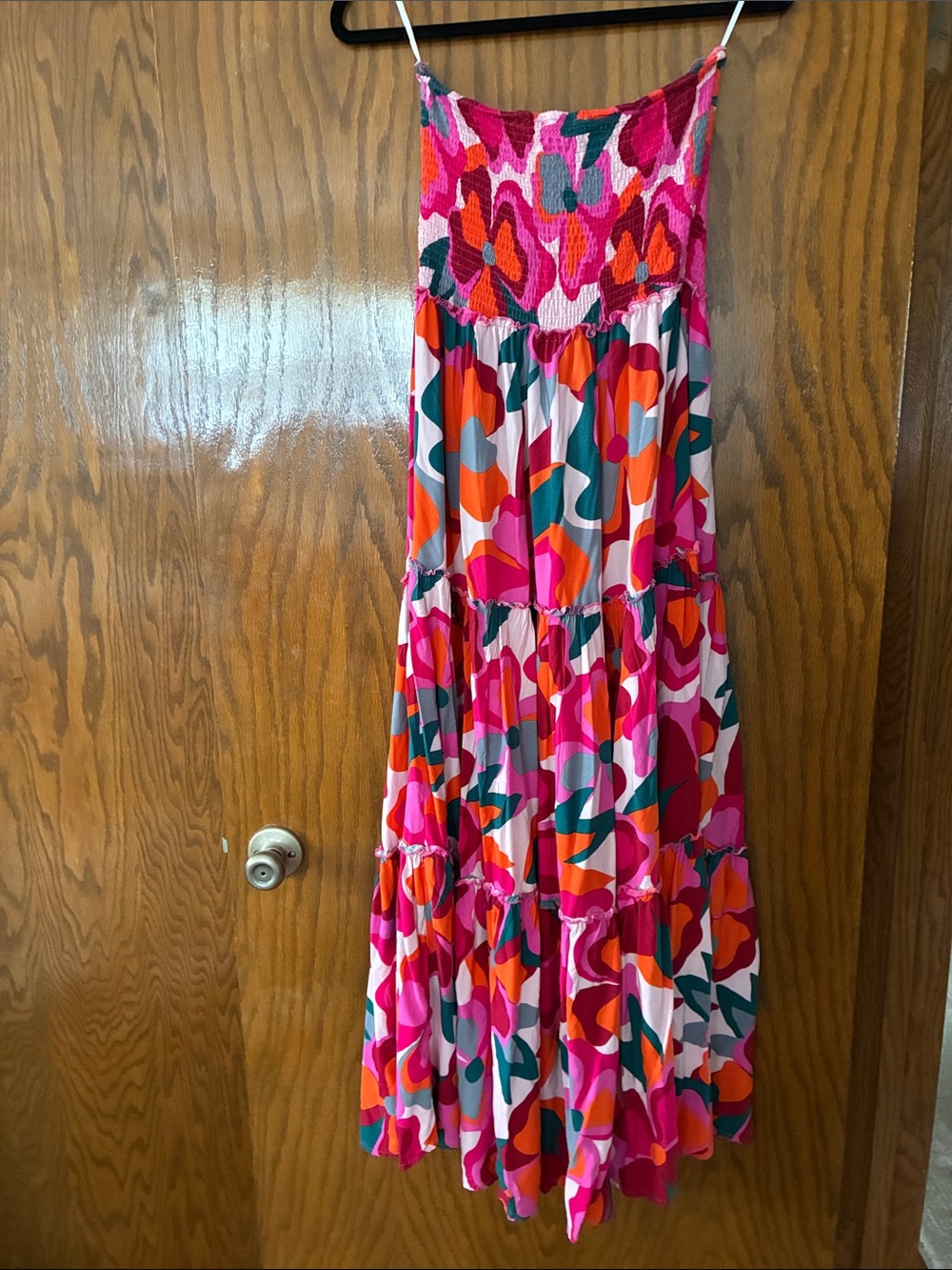 Pink Multi-Print Tiered Maxi Dress with Smocked Bodice